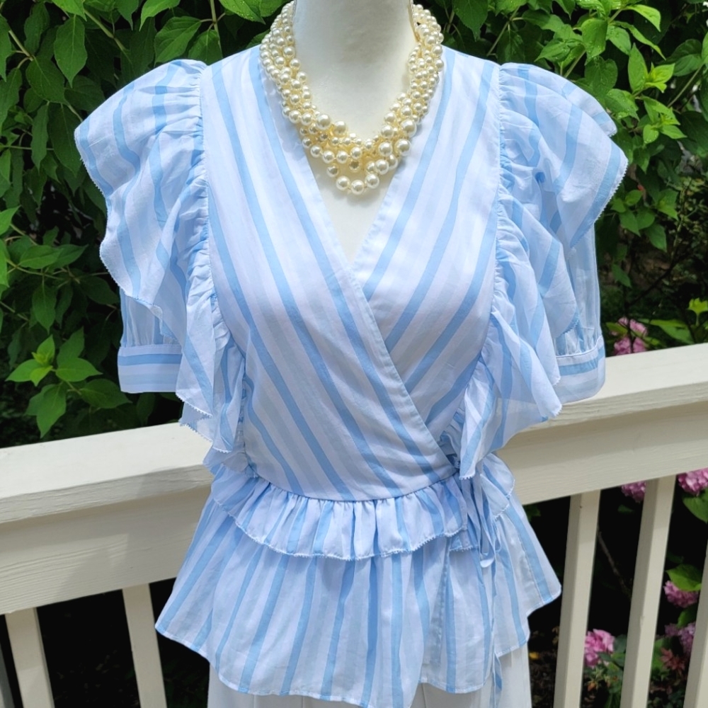 New! J Crew XXL XX-Large Light Blue Striped Ruffle Wrap Top Blouse NWT